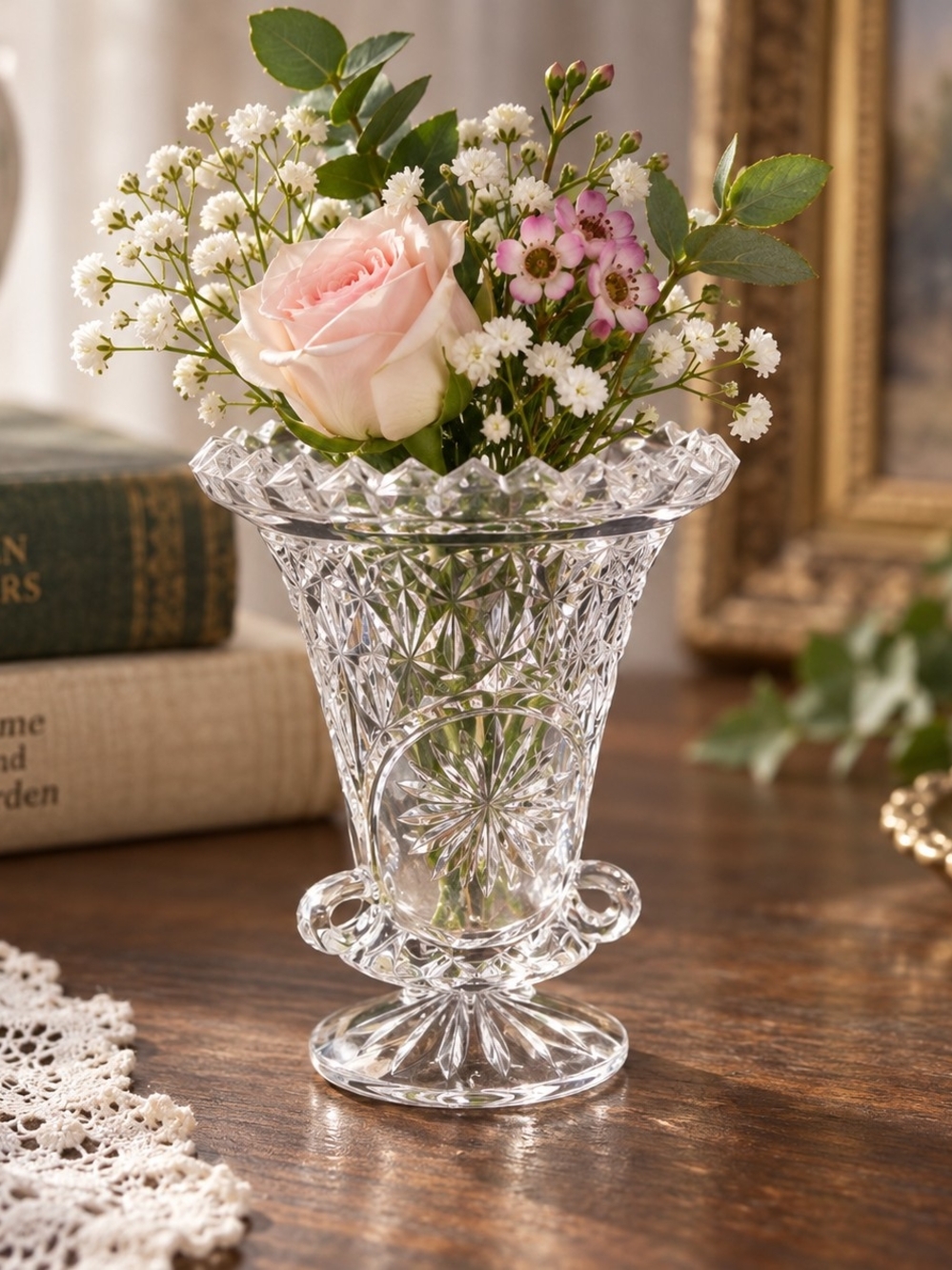 Vintage 24% Lead Crystal Bud Vase Made in Taiwan Cut Glass Pedestal Vase